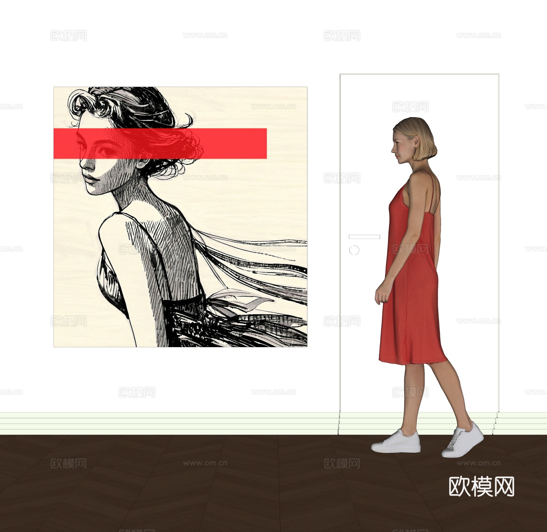现代人物挂画su模型