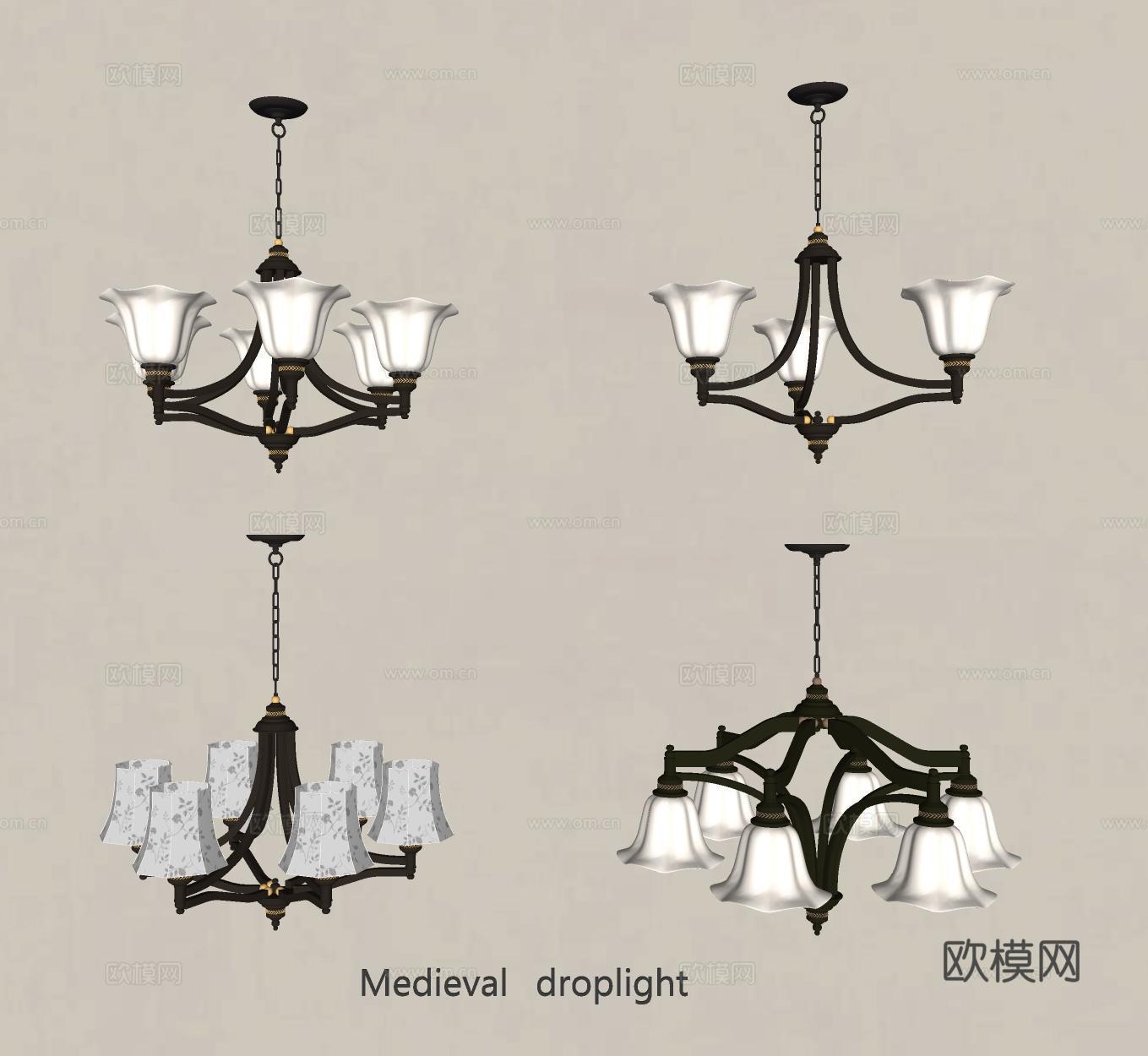 法式复古吊灯 美式复古吊灯 中古复古吊灯 金属吊灯 卧室su模型
