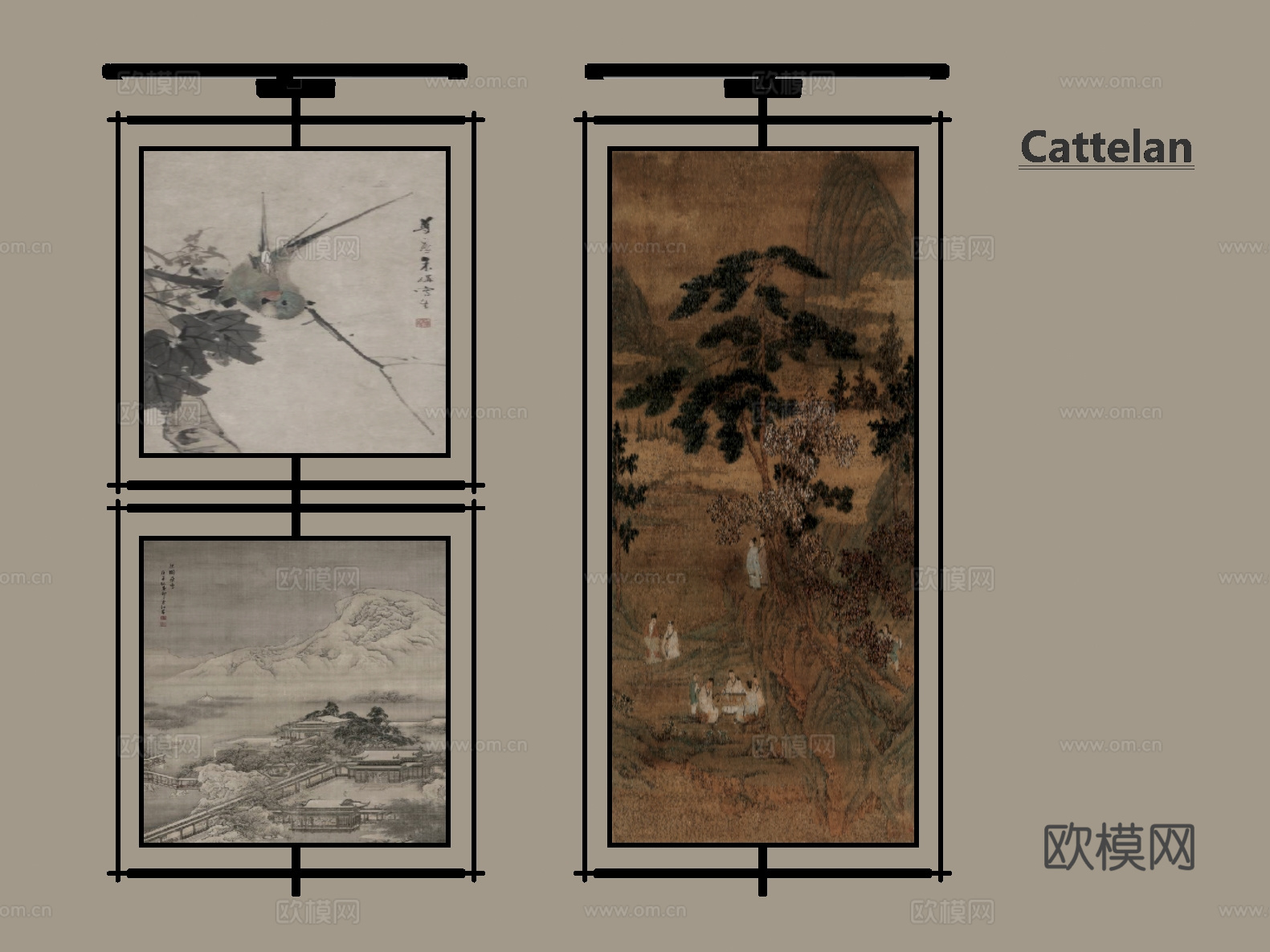 中古新中式挂画 油画 装饰画 画框 书房挂画 茶室挂画su模型