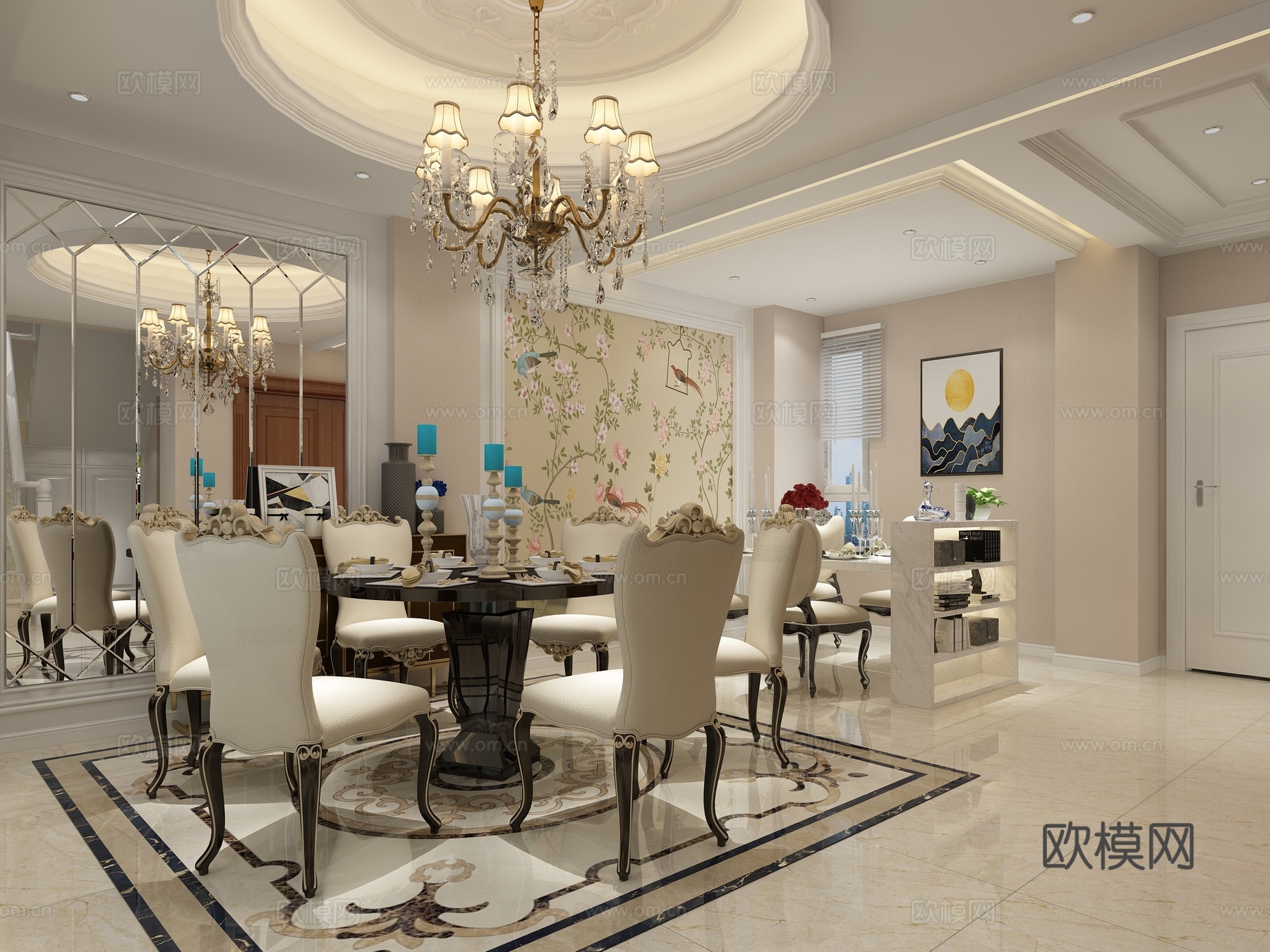欧式古典餐厅 吊灯 餐具组合3d模型