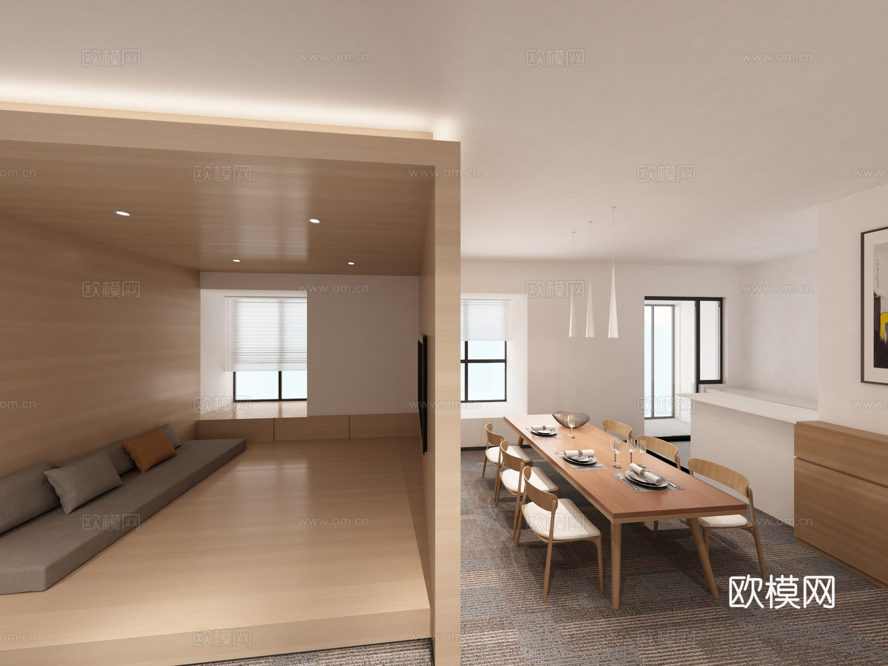 现代客餐厅 吊灯 餐桌椅 榻榻米 挂画3d模型
