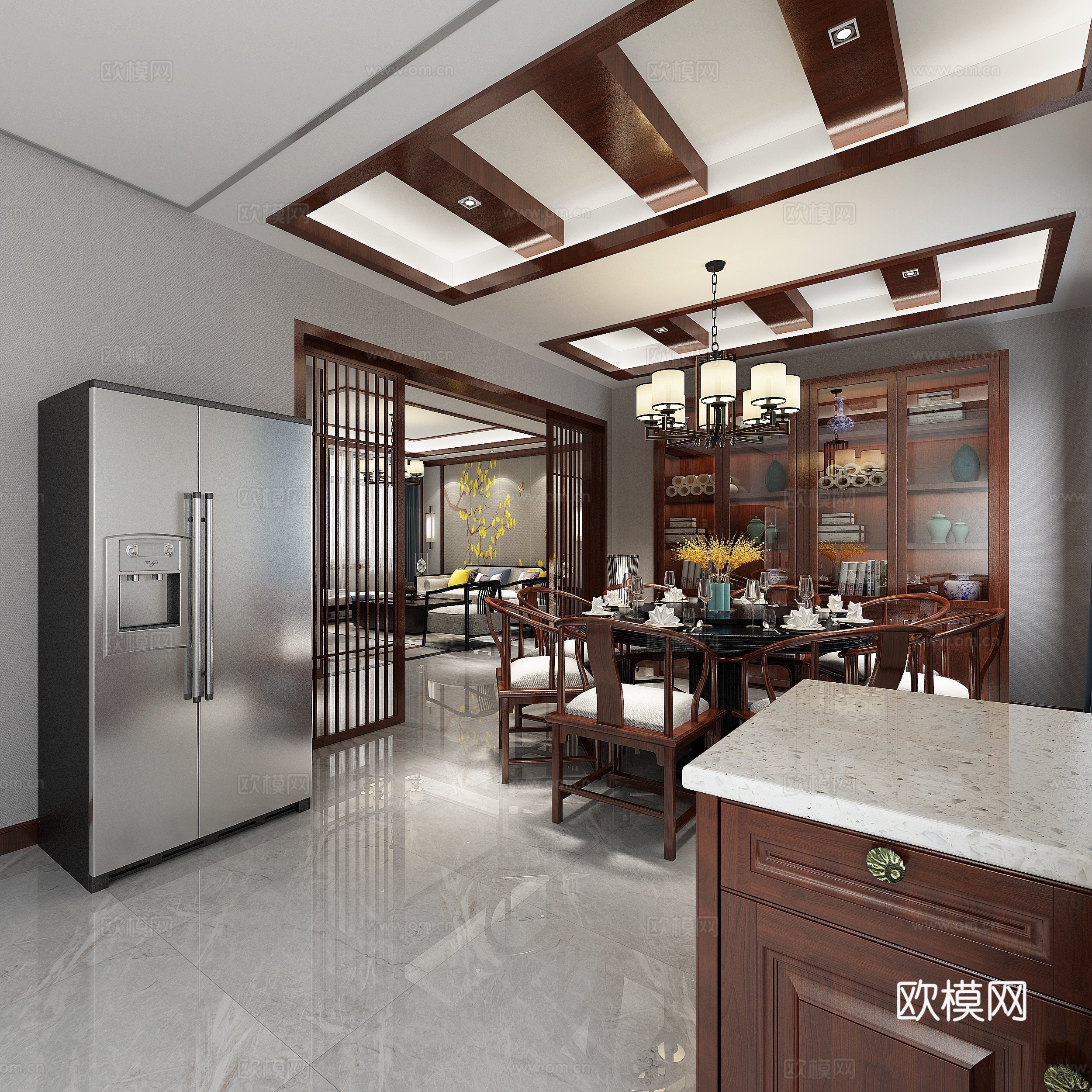 新中式客餐厅 吊灯 台灯 多人沙发 单人沙发 茶几 装饰3d模型