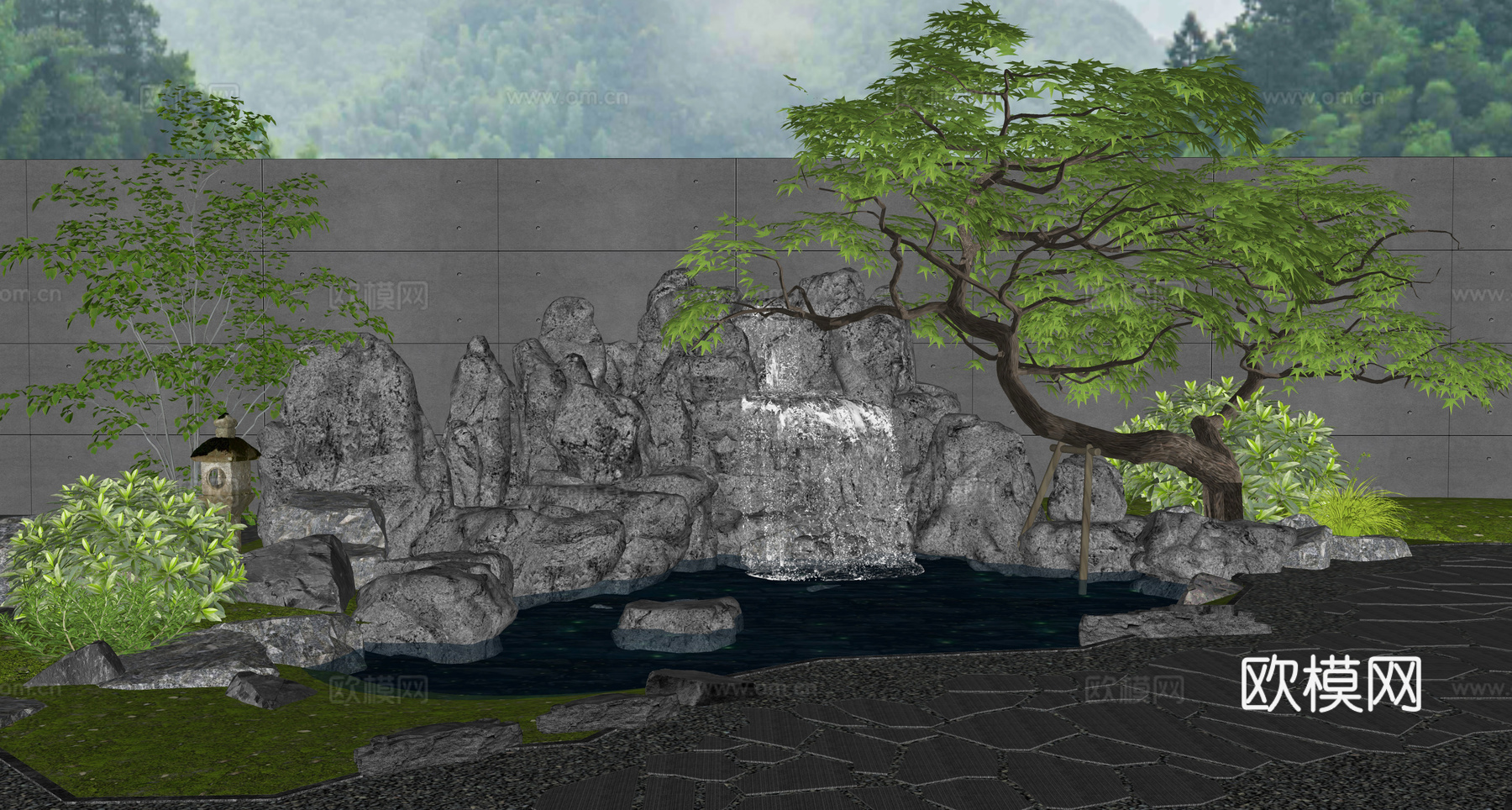 新中式假山水景 景观石头 汀步 青石板路 植物景观 庭院景观su模型