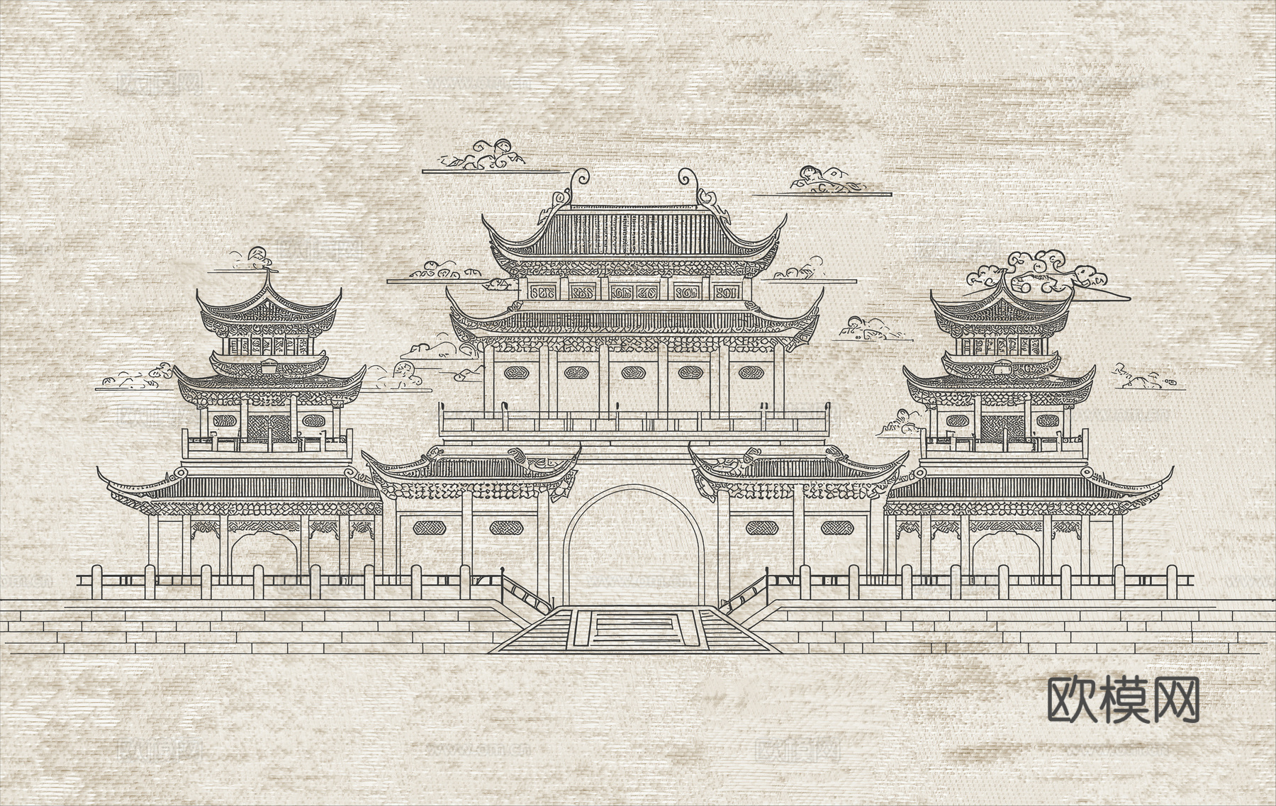 新中式亭台楼阁中式建筑线条肌理工装背景墙