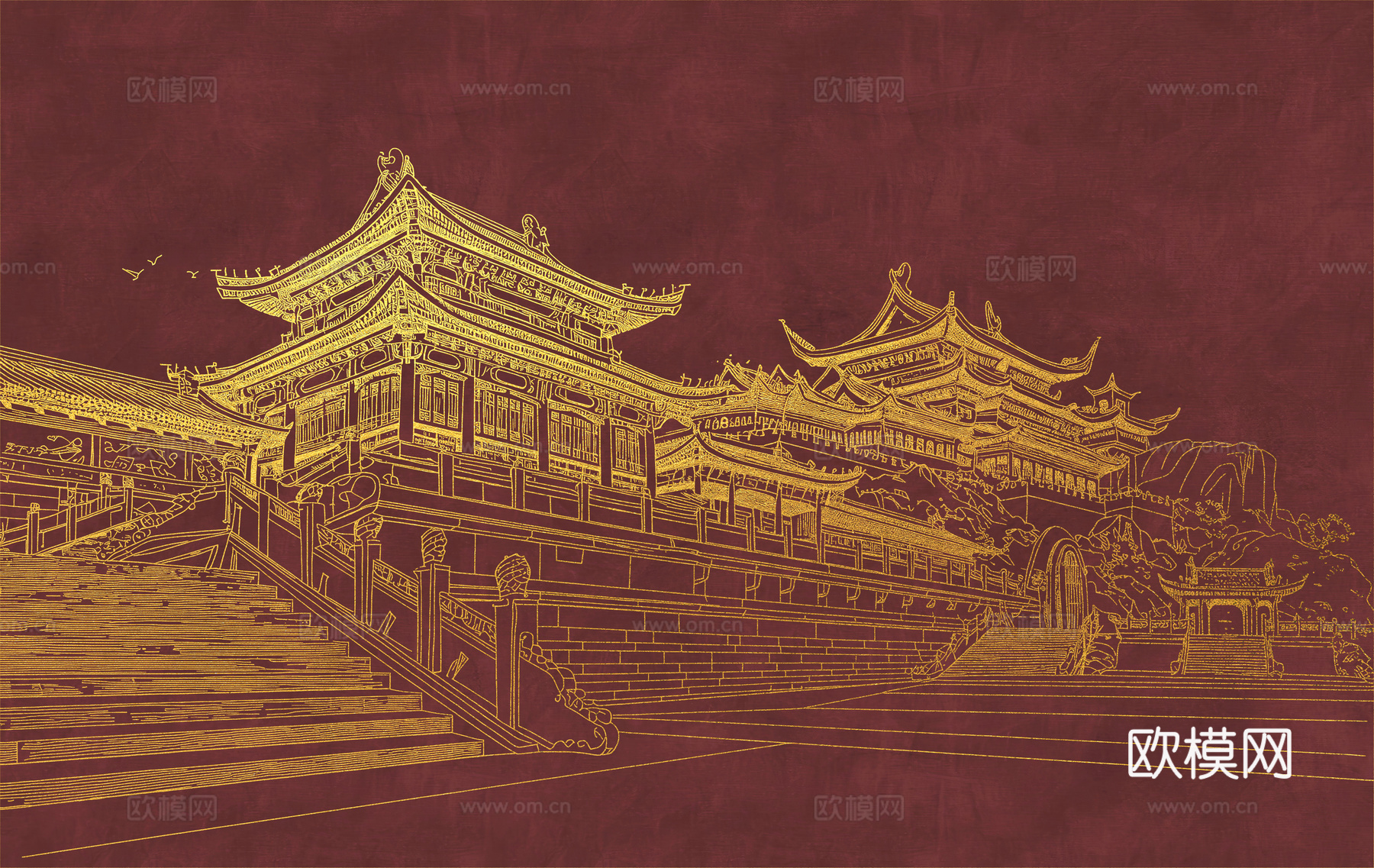 新中式亭台楼阁中式建筑线条肌理工装背景墙