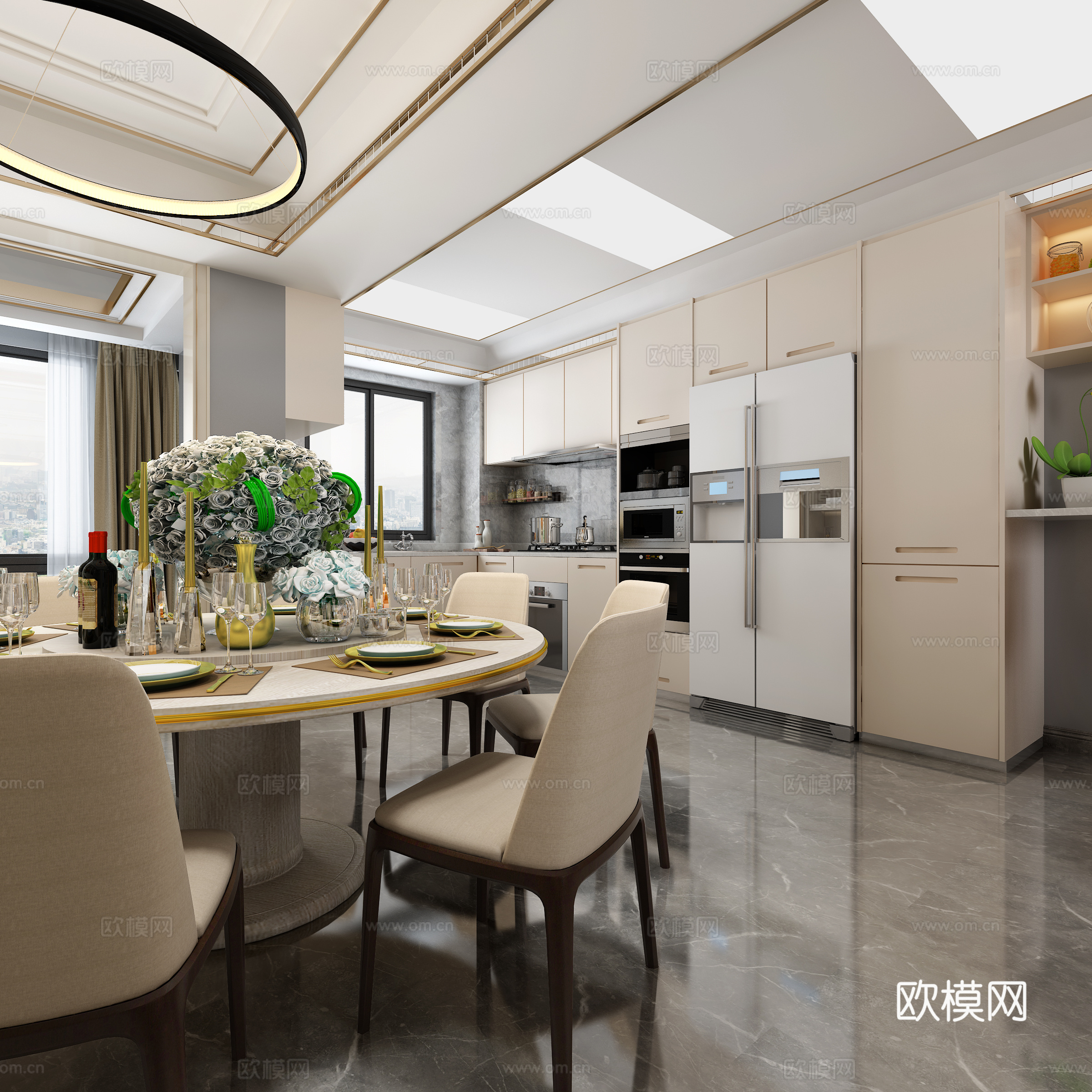 现代客餐厅厨房 吊灯 多人沙发 茶几 台灯 餐桌椅 隔断3d模型