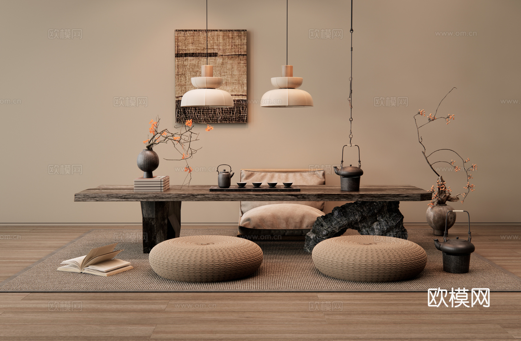 侘寂茶桌椅 榻榻米茶桌 实木大板茶桌 坐垫 墙饰挂画 花瓶摆3d模型