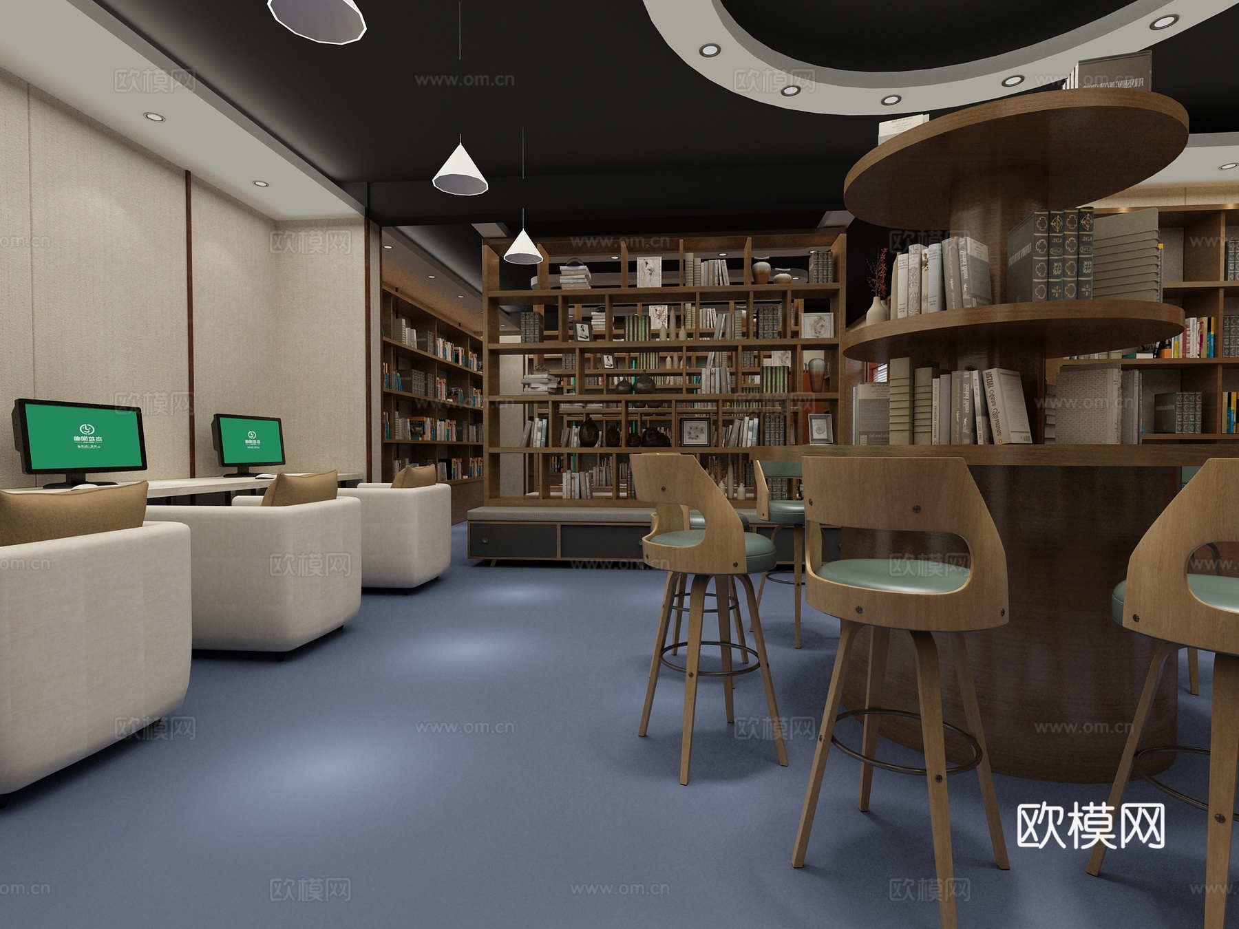 村小型图书室圆形书吧电子阅览区百叶窗3d模型