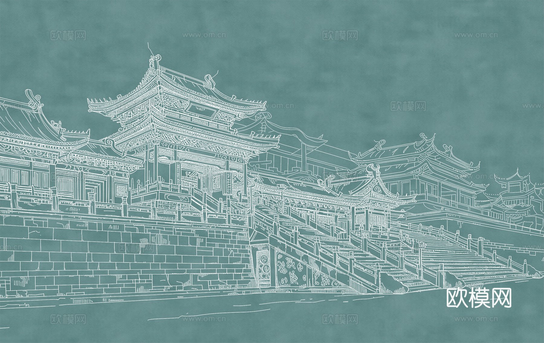新中式亭台楼阁中式建筑线条肌理工装背景墙