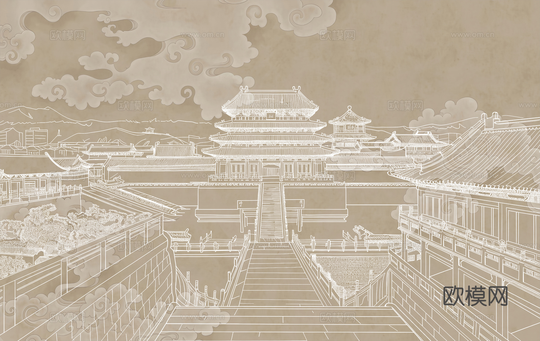 新中式亭台楼阁中式建筑线条肌理工装背景墙