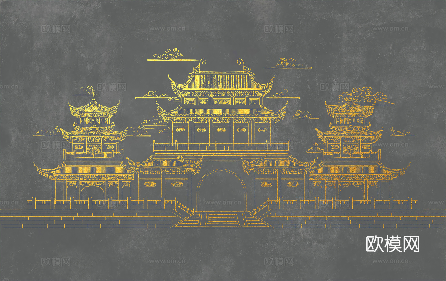 新中式亭台楼阁中式建筑线条肌理工装背景墙