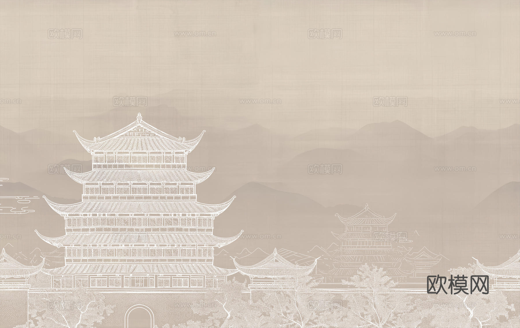 新中式亭台楼阁中式建筑线条肌理工装背景墙