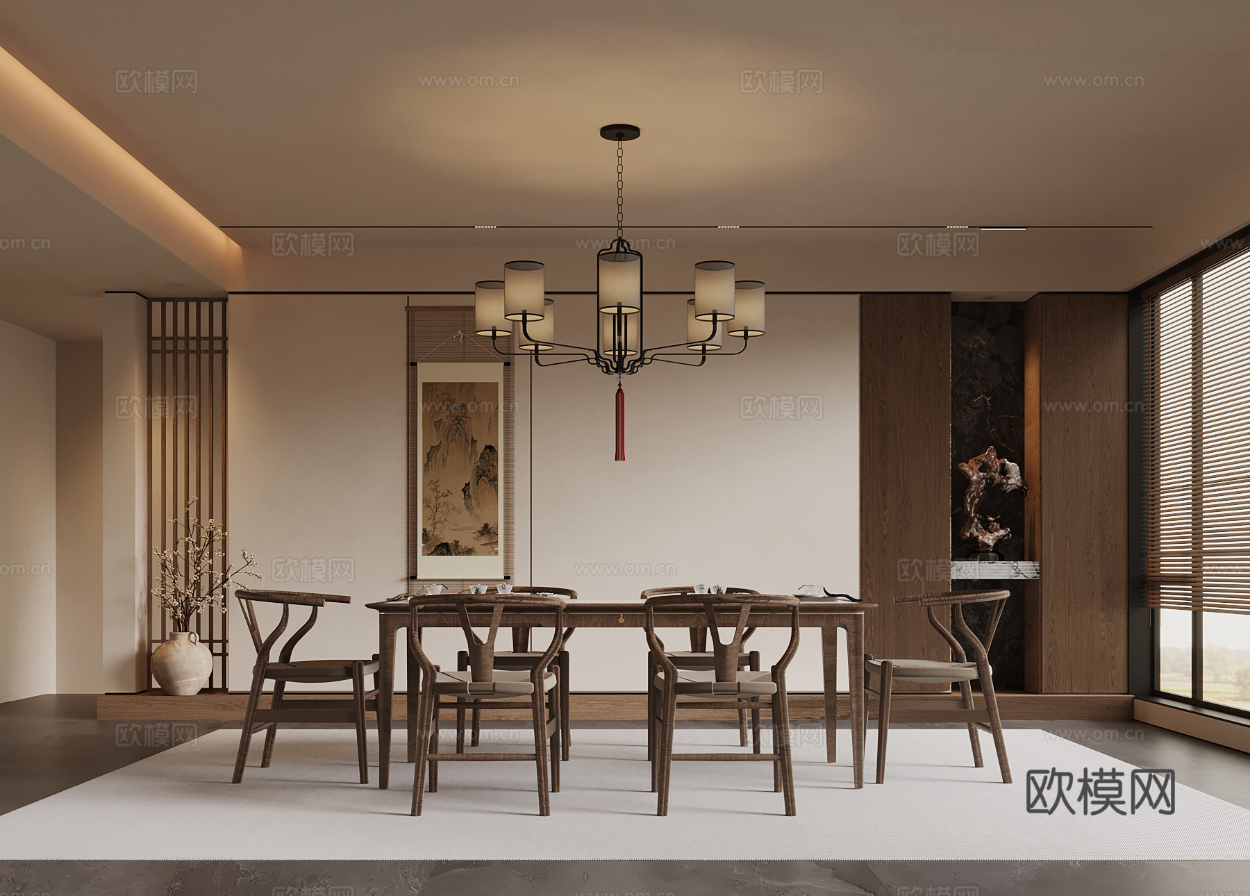新中式餐厅 餐桌椅 摆件su模型