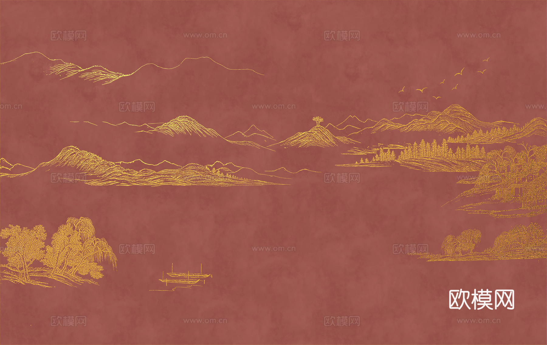 新中式亭台楼阁中式建筑线条肌理工装背景墙下载（渲染图3）