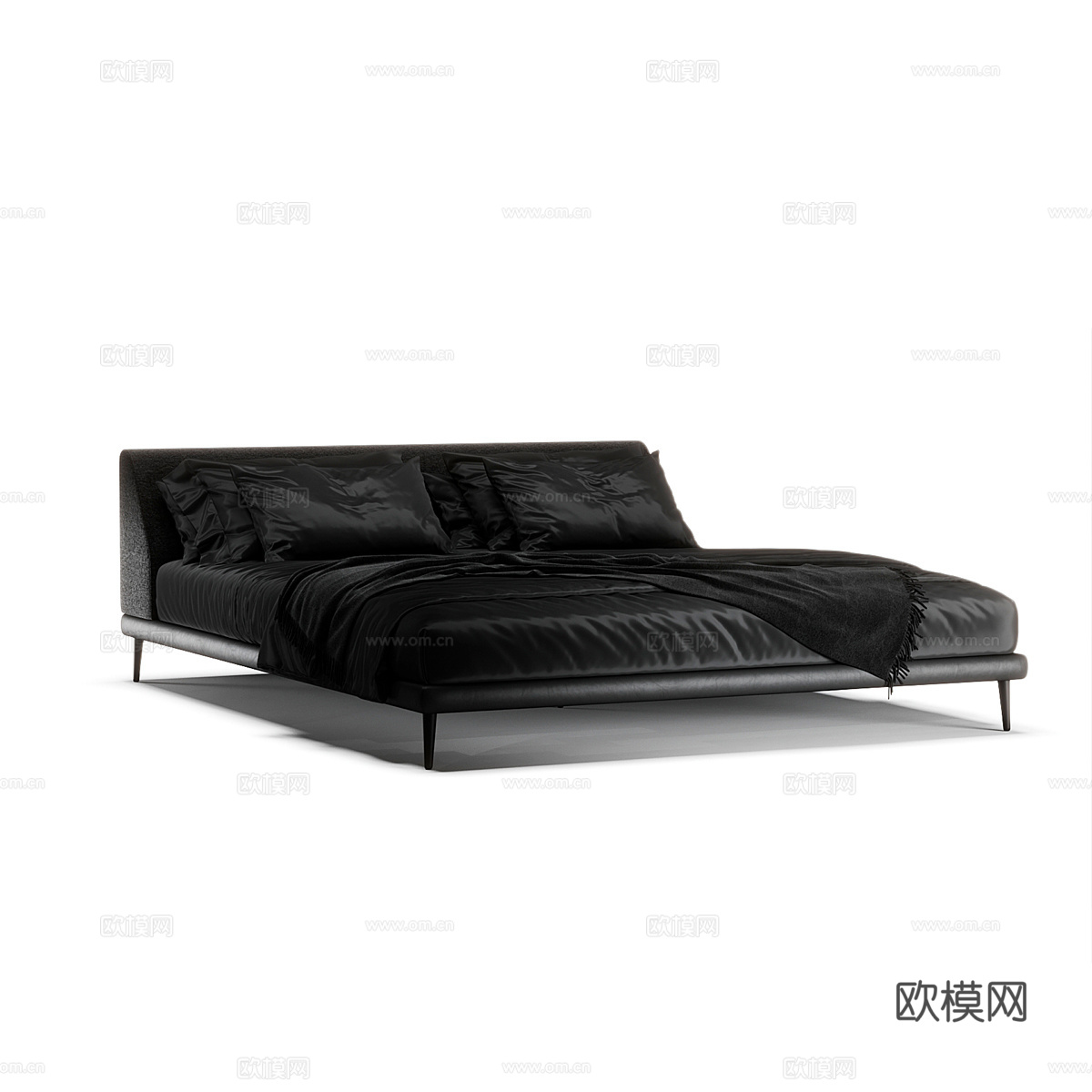 现代简约双人床 双人床 简约床 卧室床 抱枕  黑色床3d模型