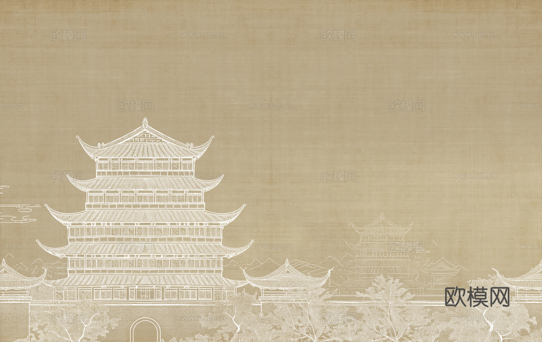 新中式亭台楼阁中式建筑线条肌理工装背景墙