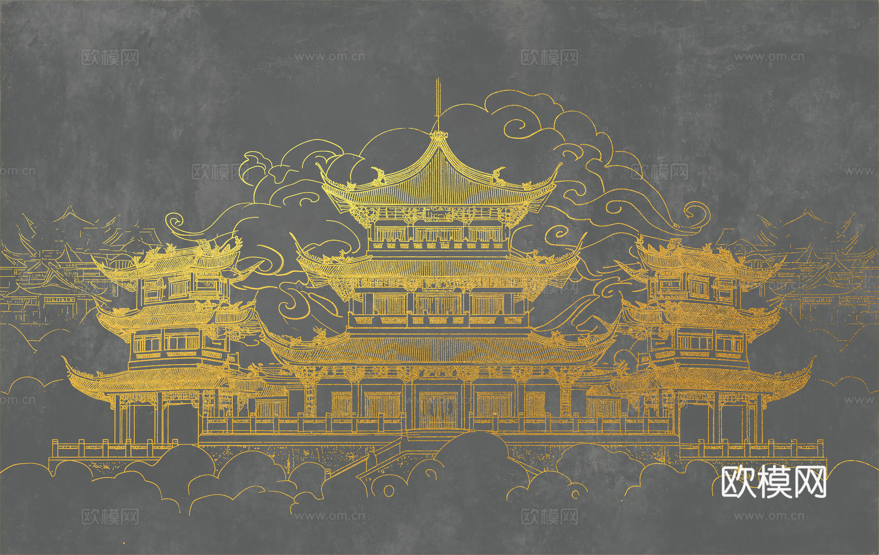 新中式亭台楼阁中式建筑线条肌理工装背景墙