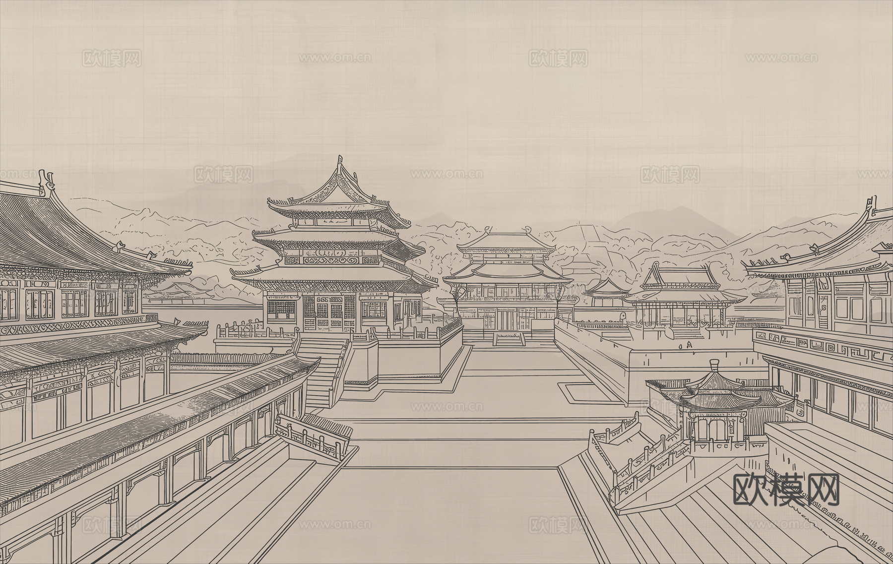 新中式亭台楼阁中式建筑线条肌理工装背景墙
