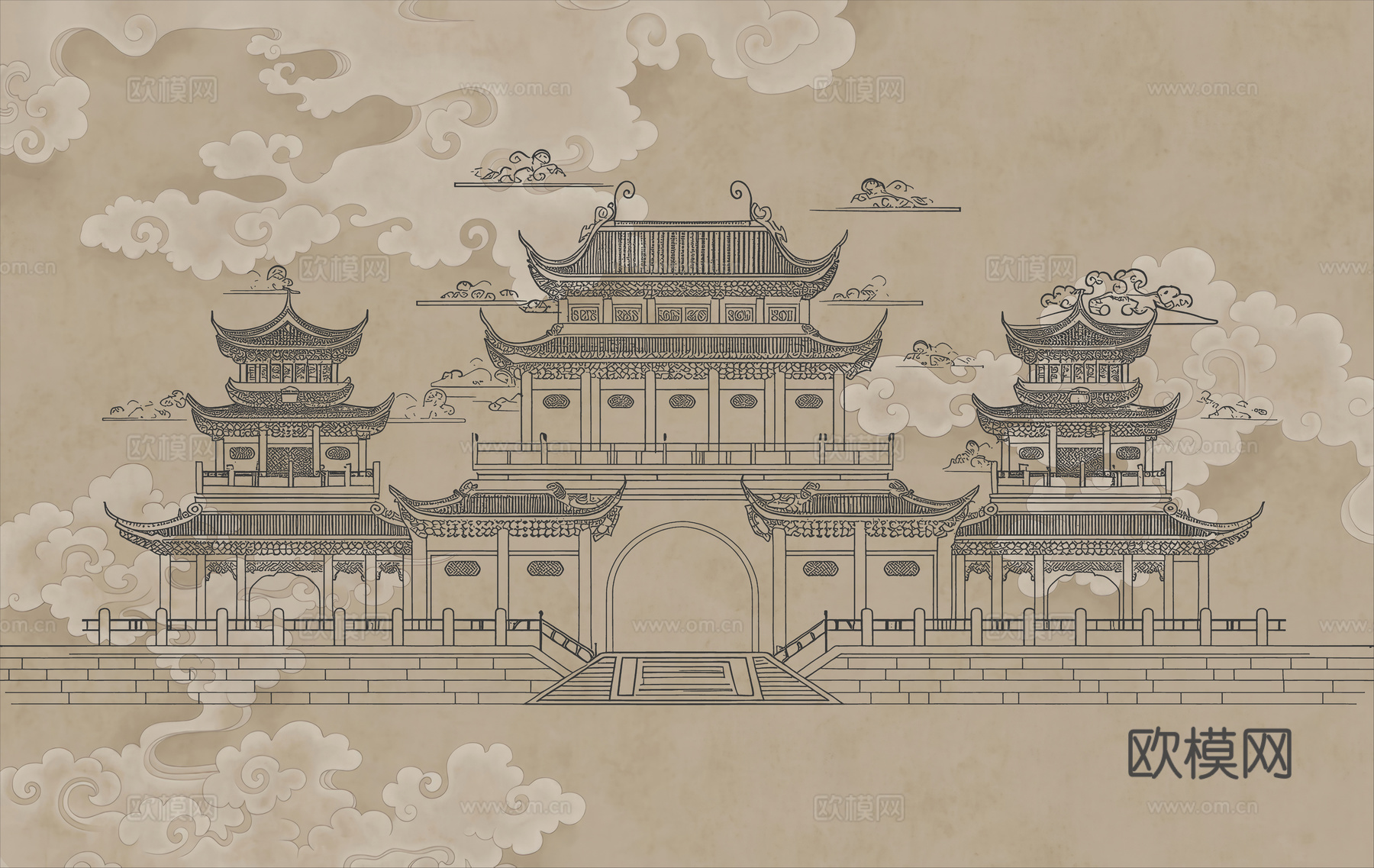 新中式亭台楼阁中式建筑线条肌理工装背景墙