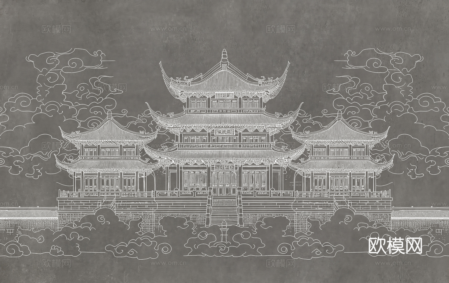 新中式亭台楼阁中式建筑线条肌理工装背景墙