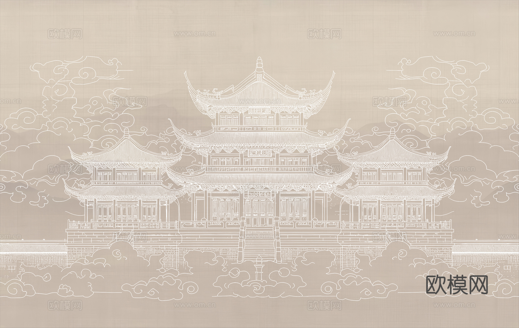 新中式亭台楼阁中式建筑线条肌理工装背景墙