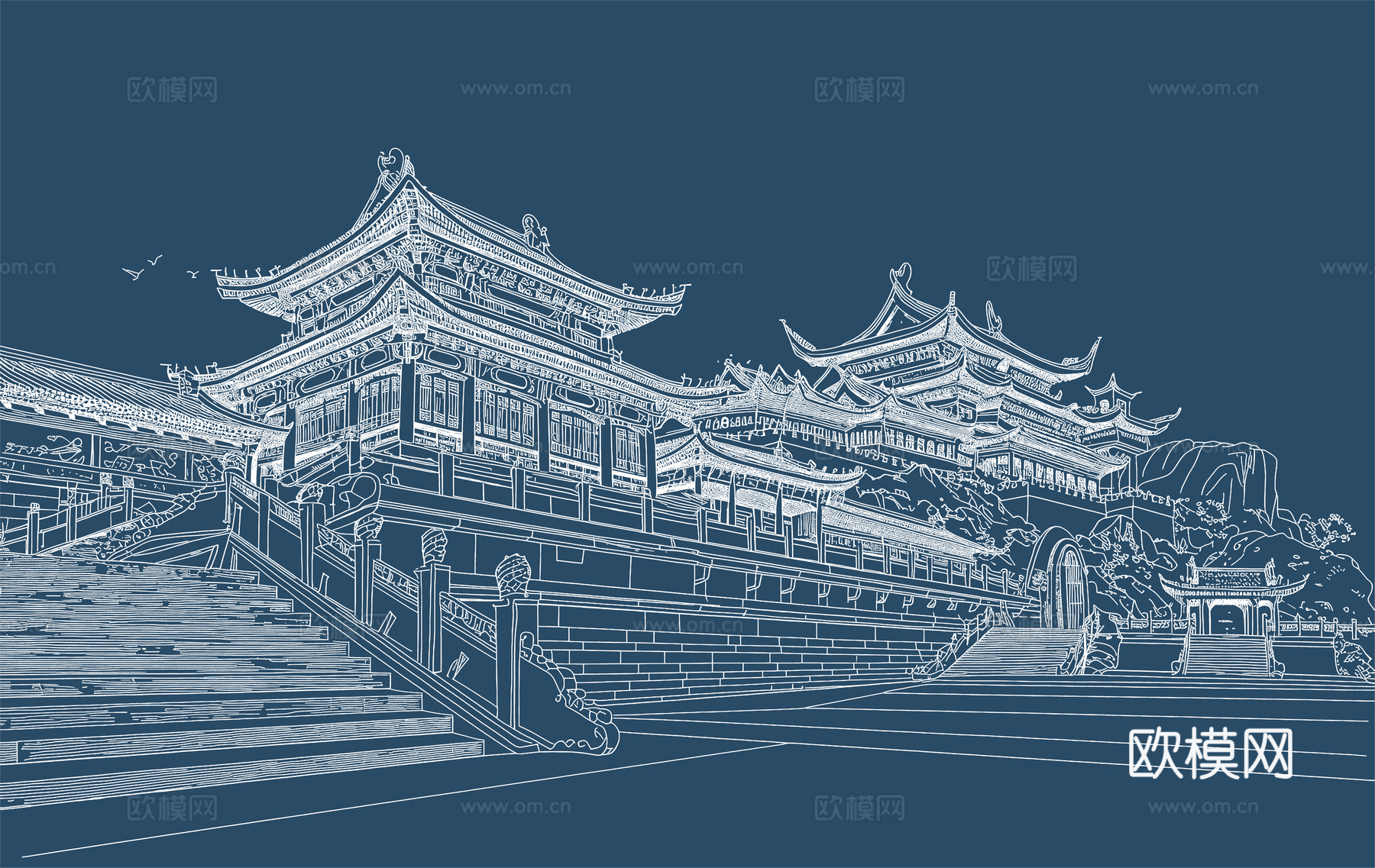 新中式亭台楼阁中式建筑线条肌理工装背景墙