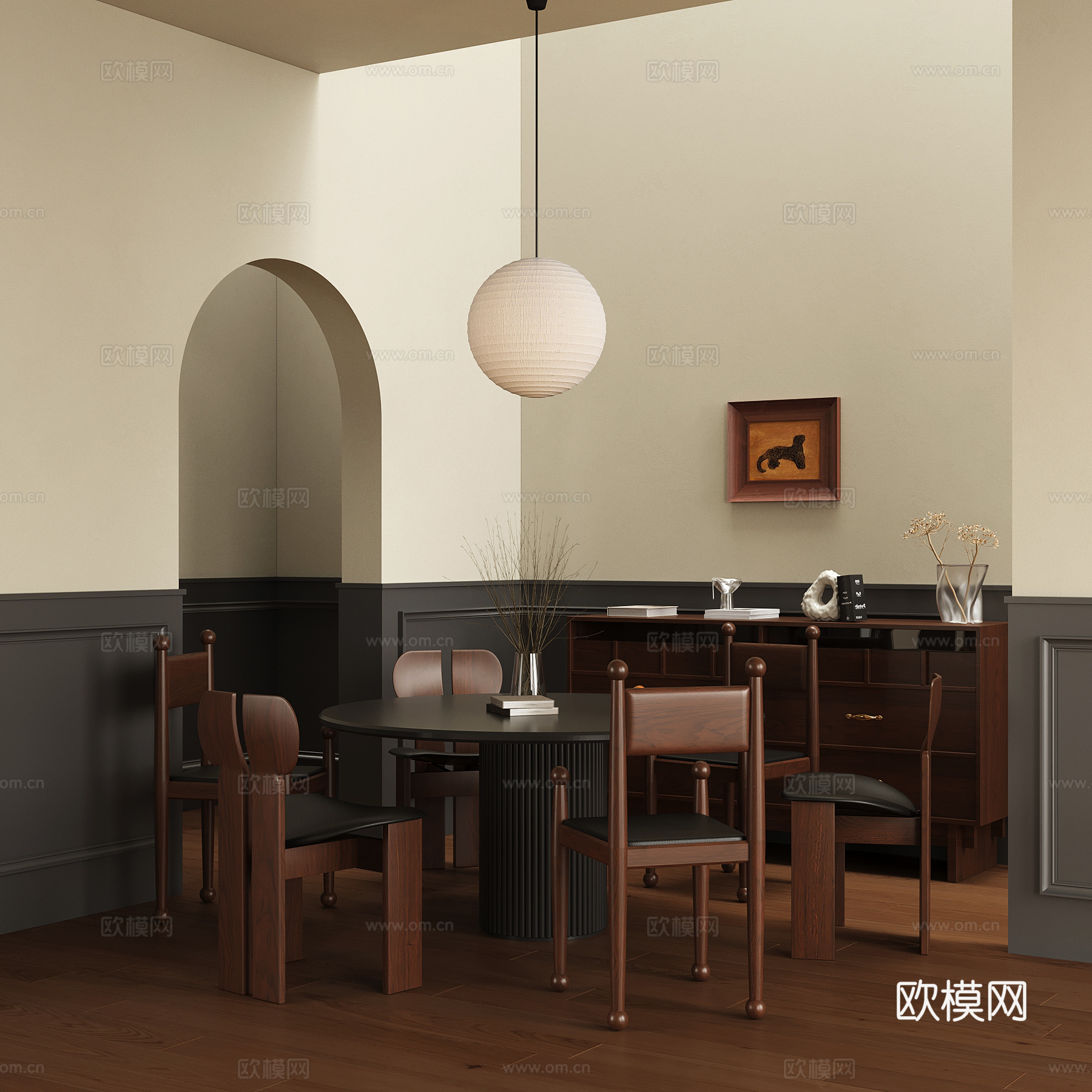 法式中古风餐桌椅 餐边柜 吊灯su模型