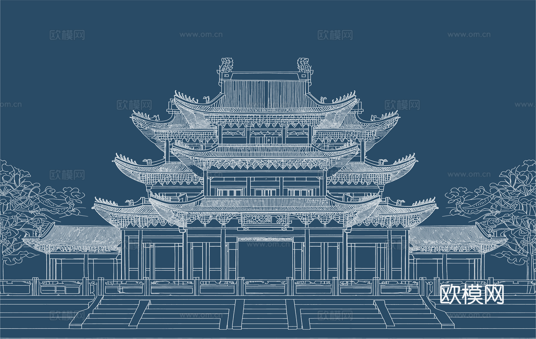 新中式亭台楼阁中式建筑线条肌理工装背景墙
