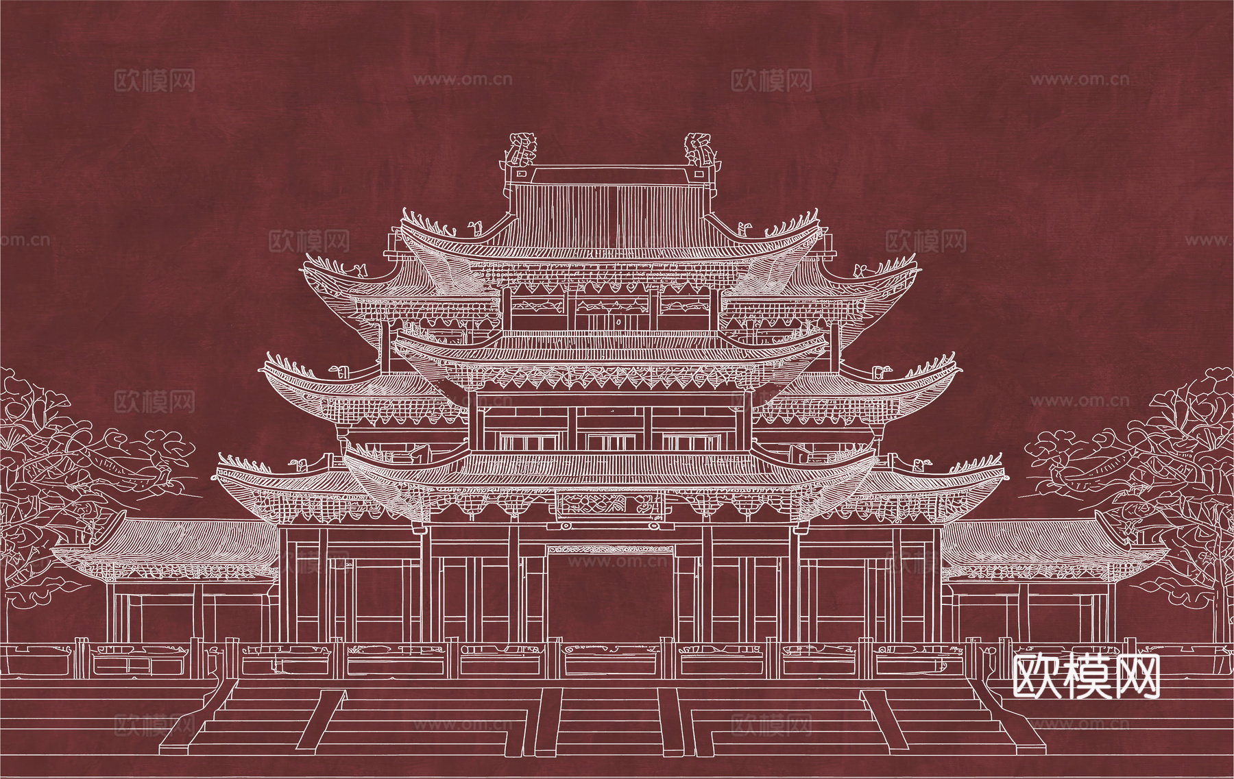新中式亭台楼阁中式建筑线条肌理工装背景墙