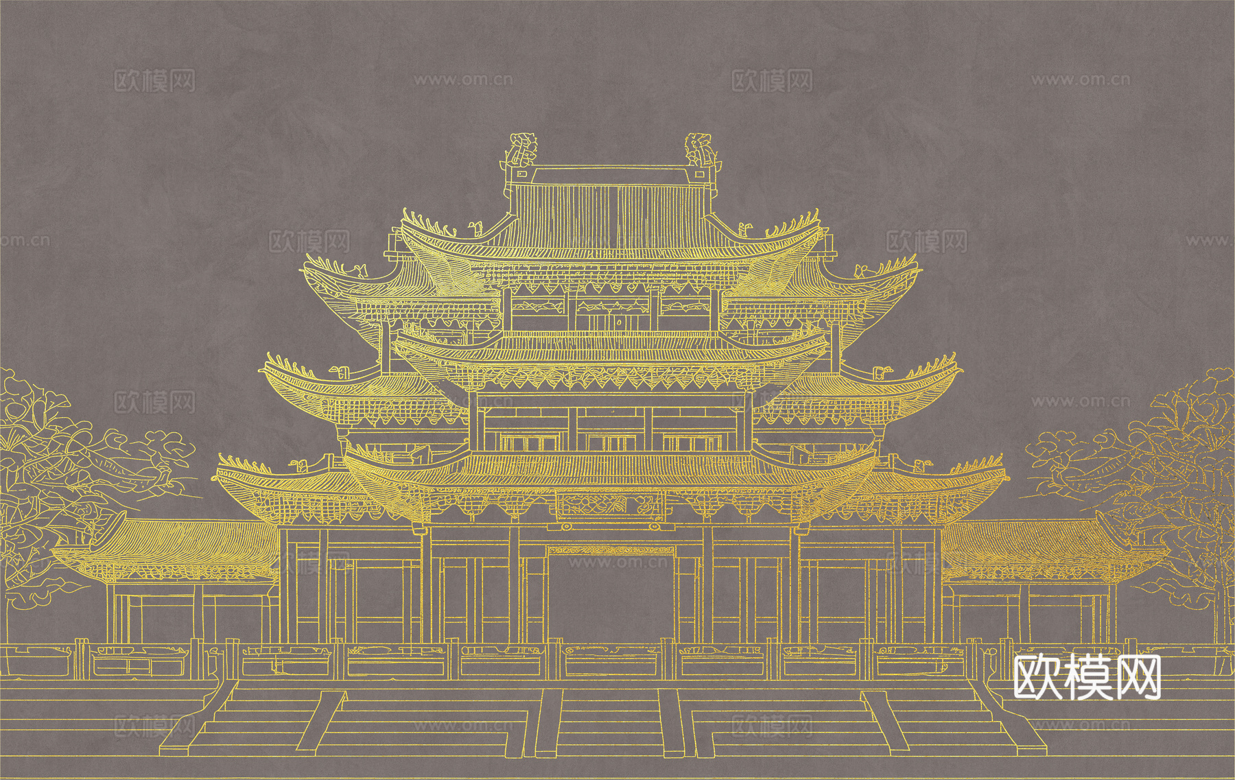 新中式亭台楼阁中式建筑线条肌理工装背景墙