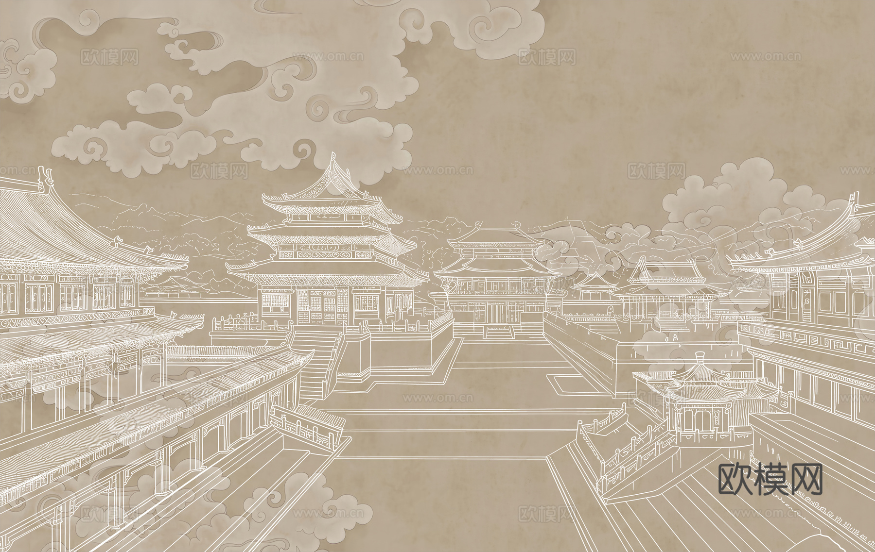 新中式亭台楼阁中式建筑线条肌理工装背景墙