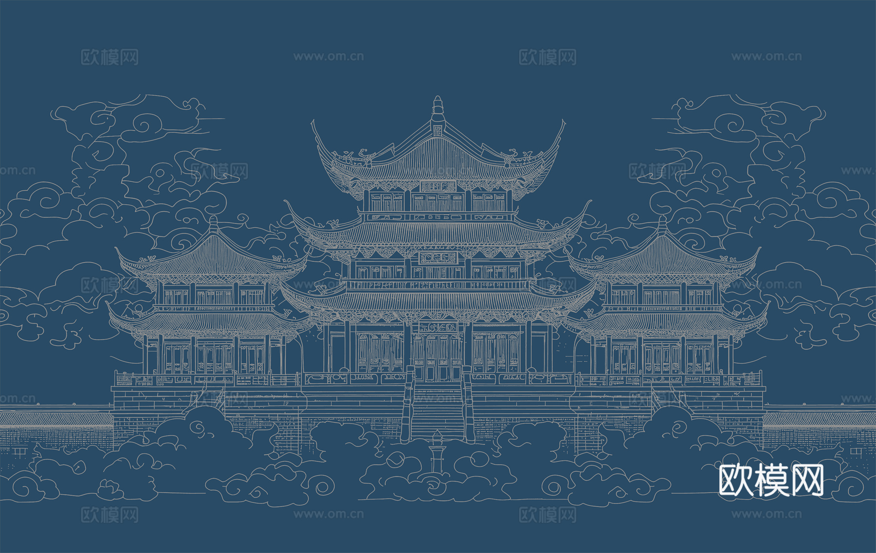 新中式亭台楼阁中式建筑线条肌理工装背景墙