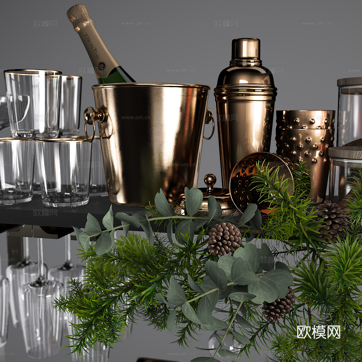 现代意式酒瓶 红酒 酒杯 厨房器具3d模型