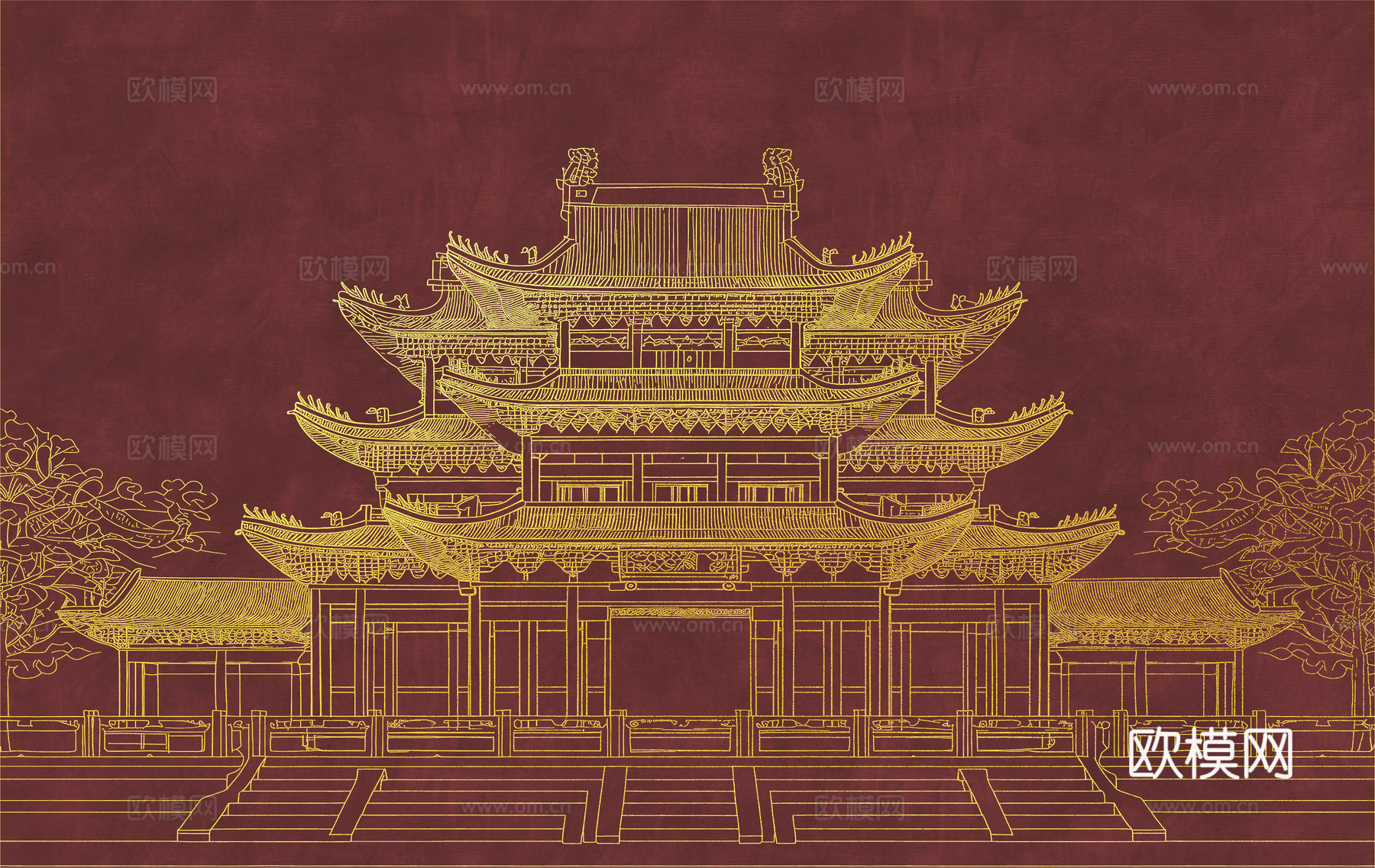 新中式亭台楼阁中式建筑线条肌理工装背景墙