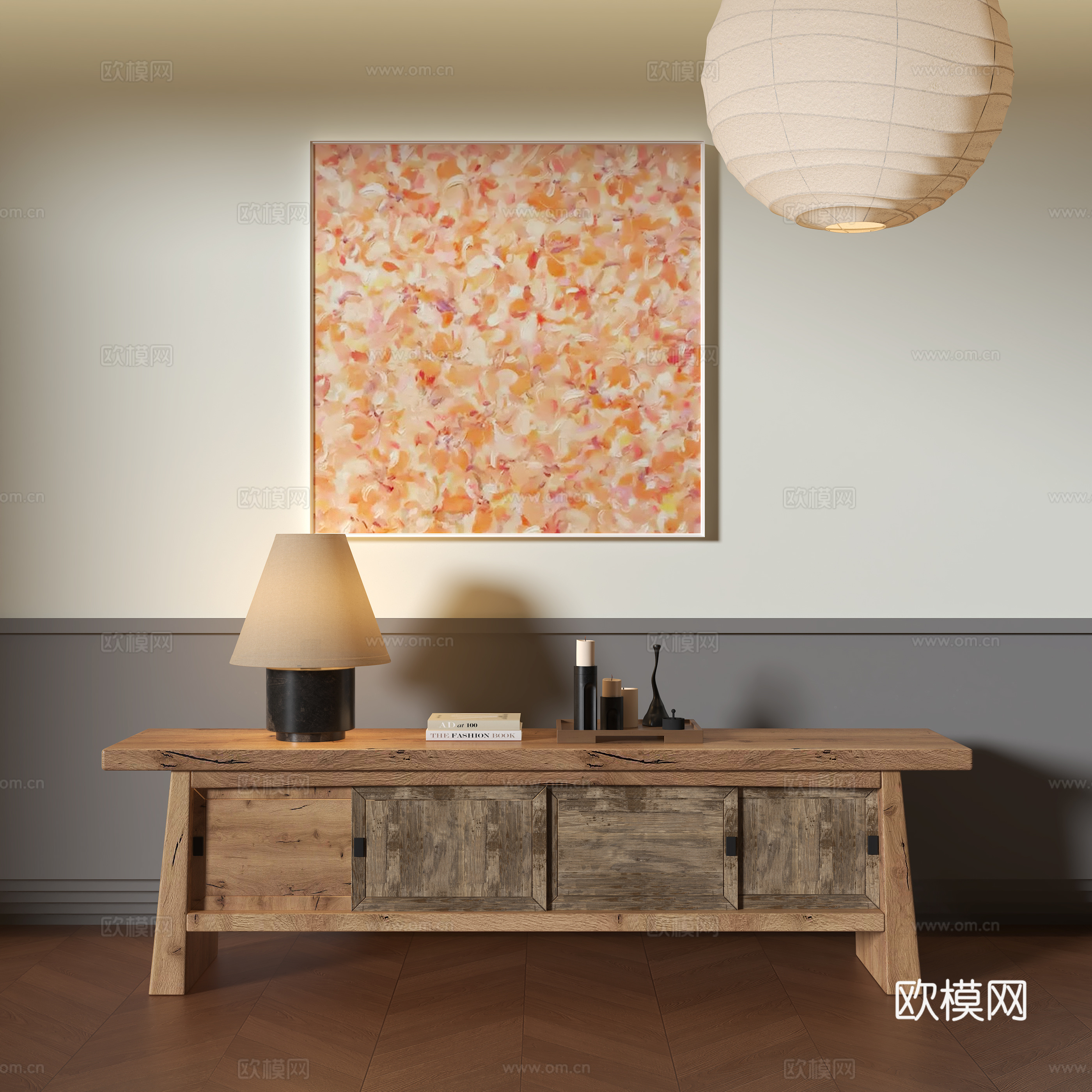 侘寂风置物柜 装饰挂画 台灯 吊灯su模型