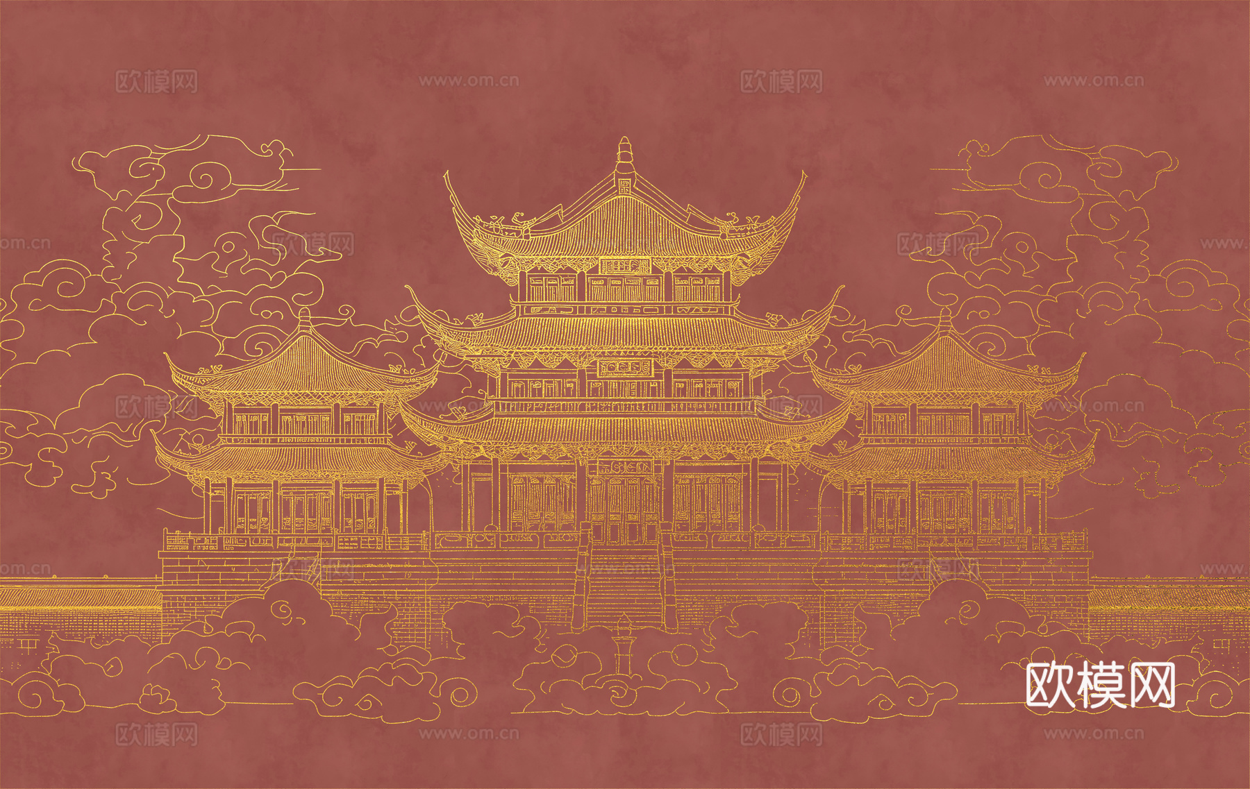 新中式亭台楼阁中式建筑线条肌理工装背景墙