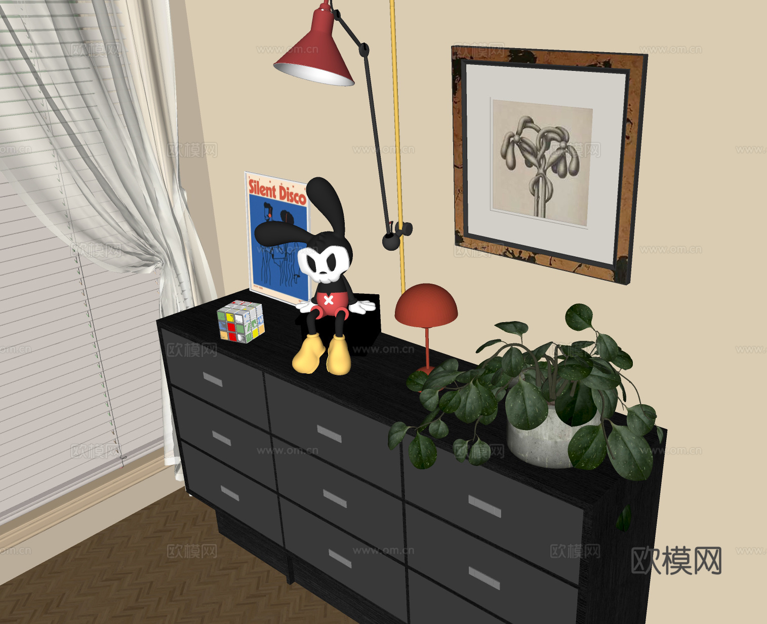 中古斗柜 五斗柜 边柜 摆件组合 花艺摆件su模型