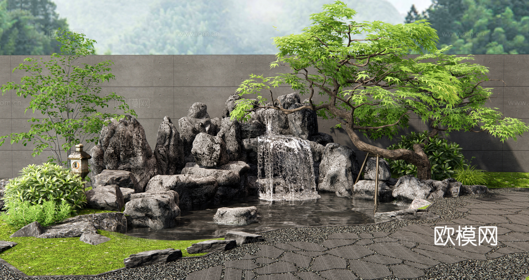 新中式假山水景 景观石头 汀步 青石板路 植物景观 庭院景观3d模型