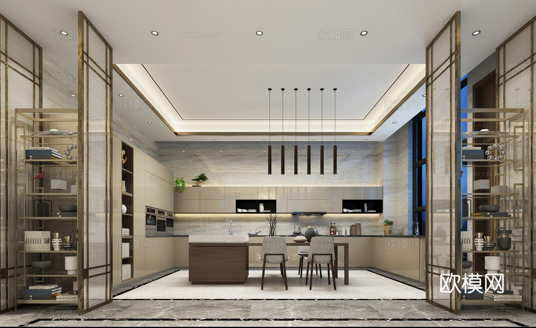 新中式餐厅 餐桌椅 壁橱 吊灯3d模型