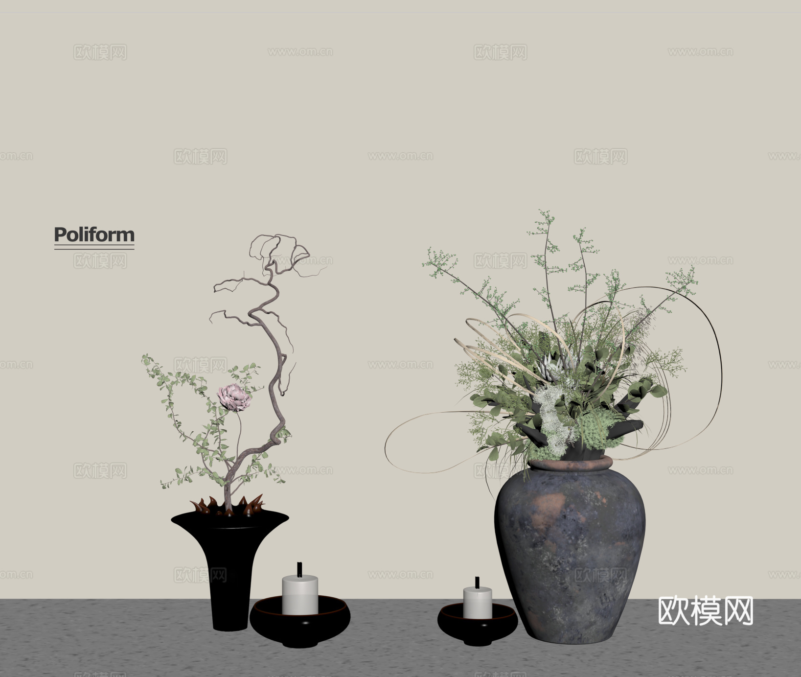 花艺 花瓶 干枝花艺 陶罐花瓶su模型