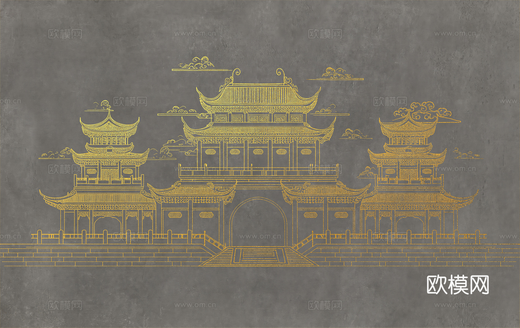 新中式亭台楼阁中式建筑线条肌理工装背景墙