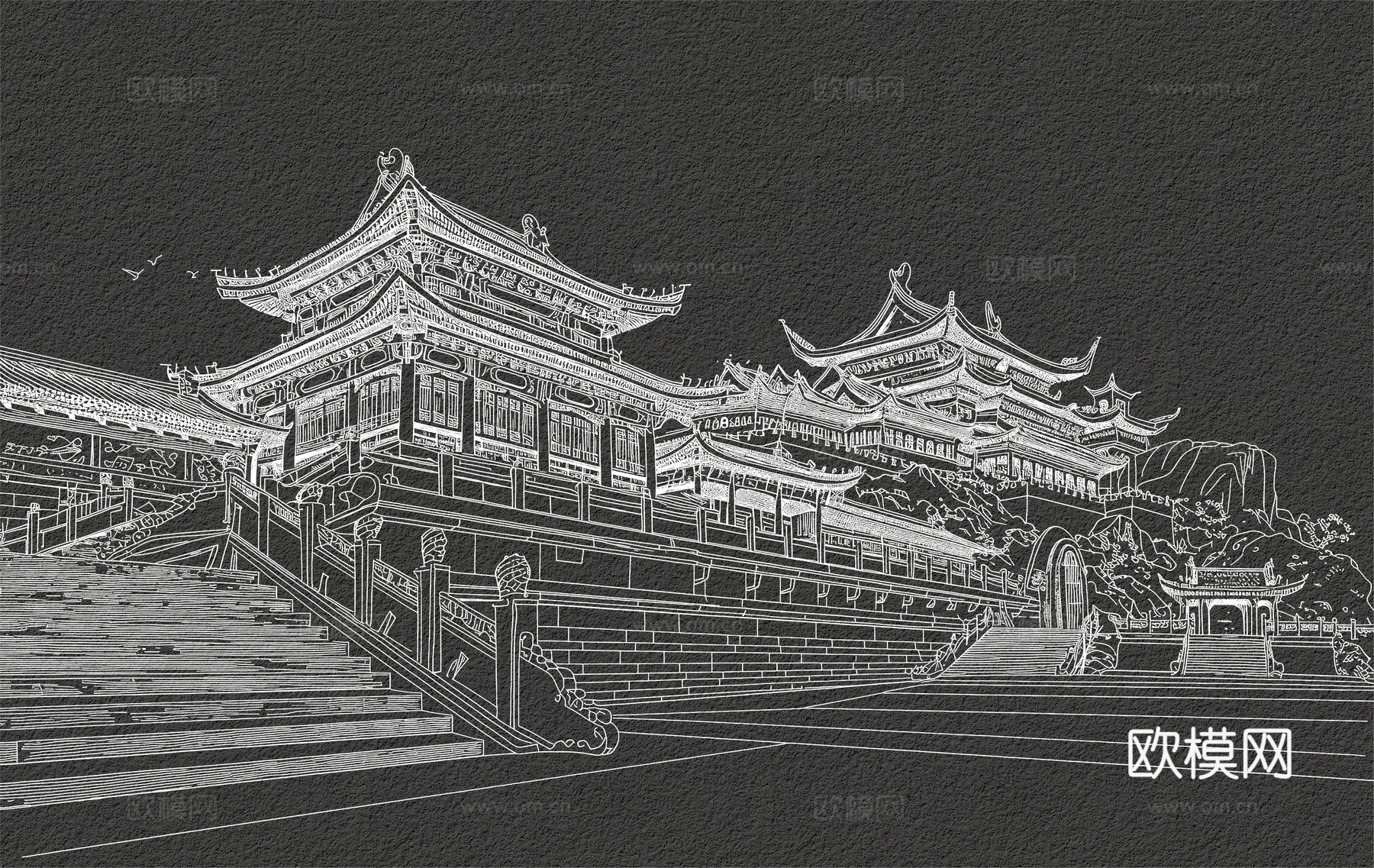 新中式亭台楼阁中式建筑线条肌理工装背景墙