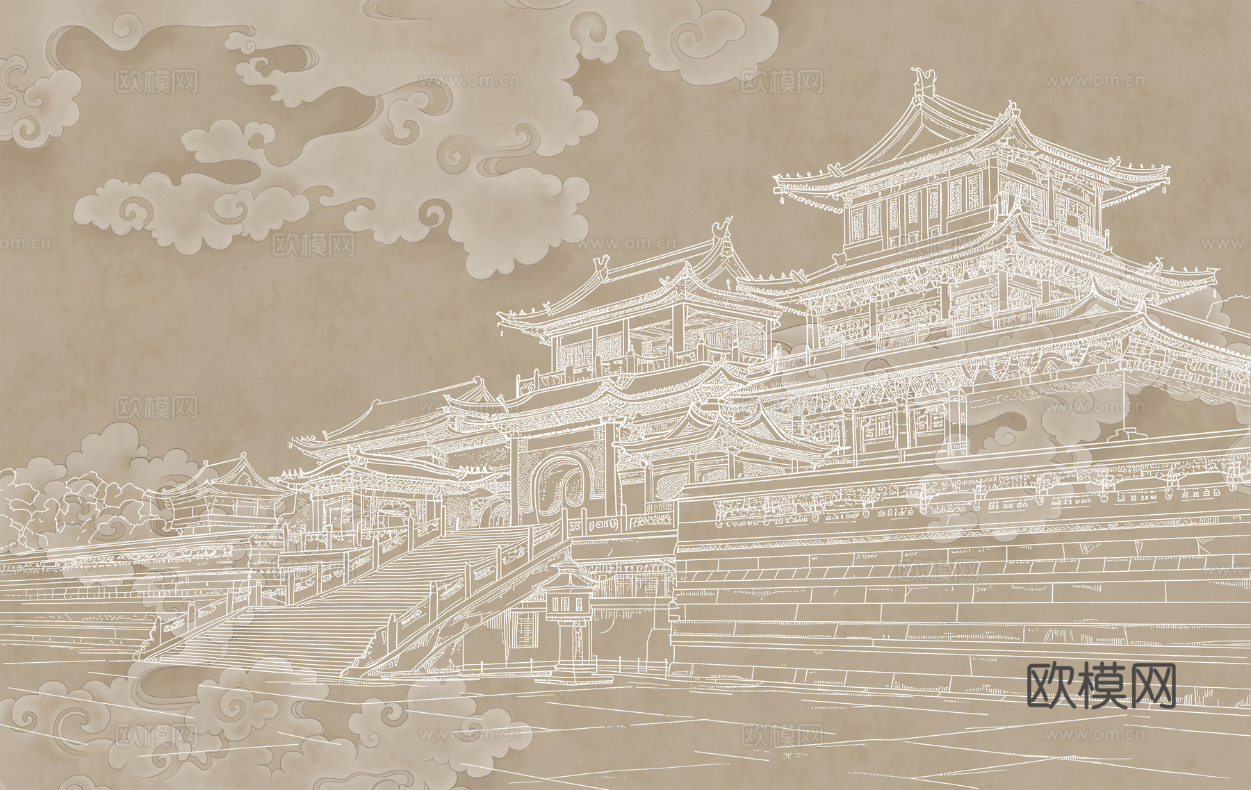 新中式亭台楼阁中式建筑线条肌理工装背景墙
