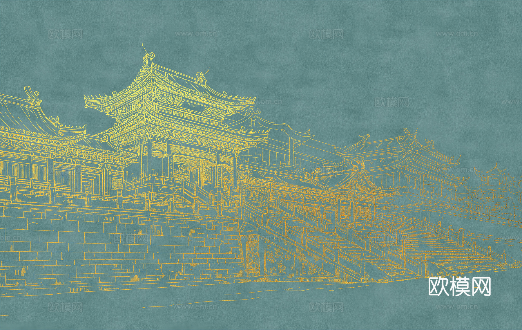 新中式亭台楼阁中式建筑线条肌理工装背景墙