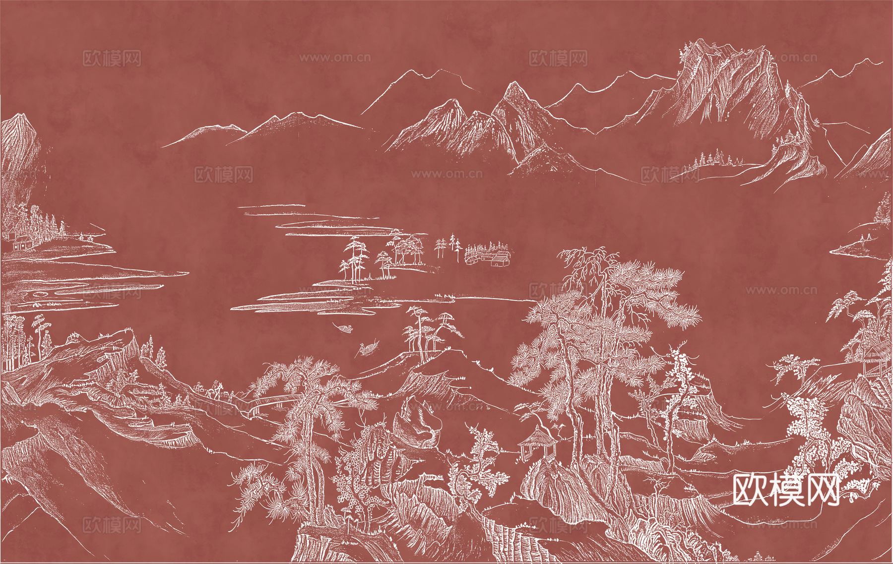 新中式亭台楼阁中式建筑线条肌理工装背景墙下载（渲染图8）