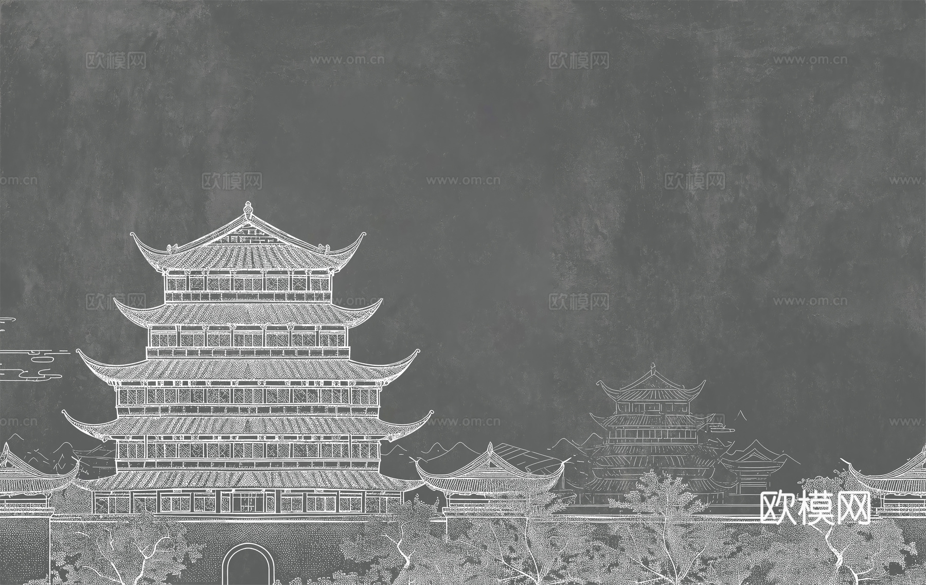 新中式亭台楼阁中式建筑线条肌理工装背景墙