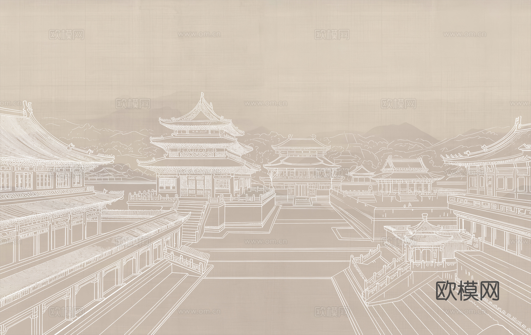 新中式亭台楼阁中式建筑线条肌理工装背景墙