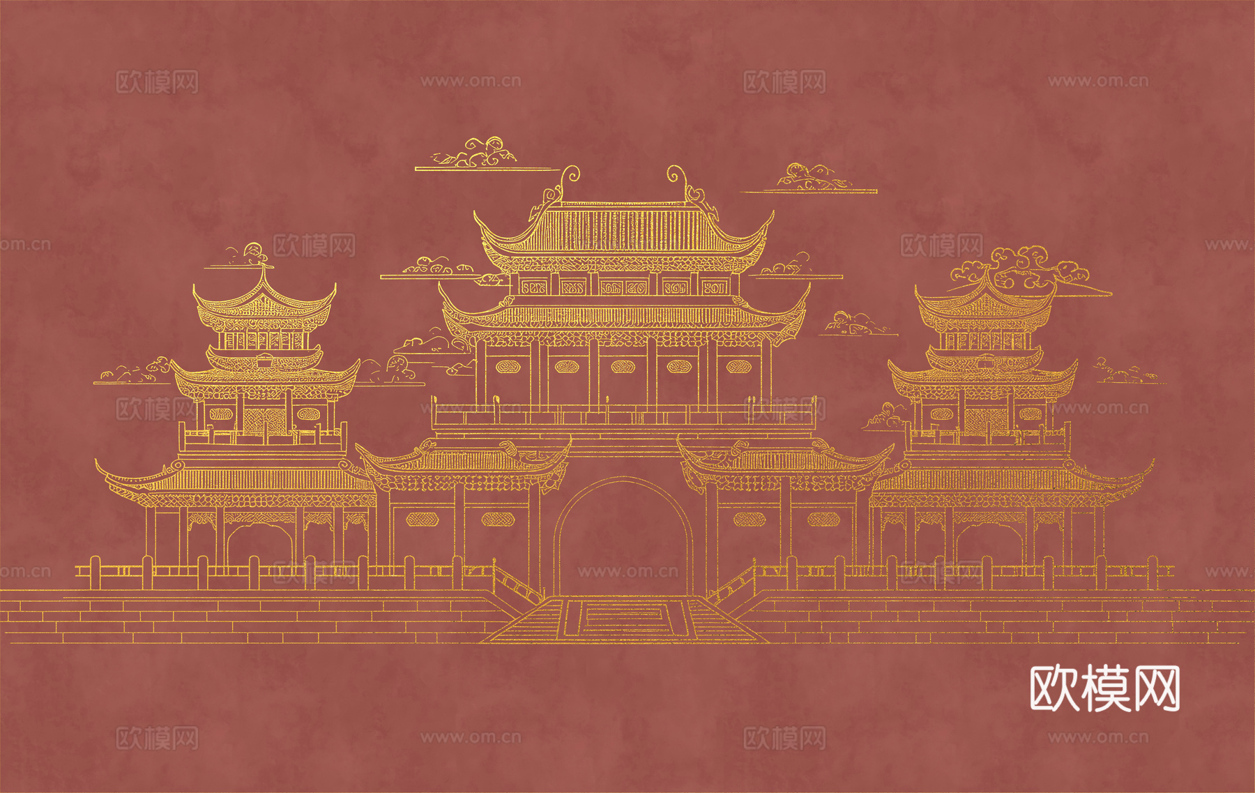 新中式亭台楼阁中式建筑线条肌理工装背景墙
