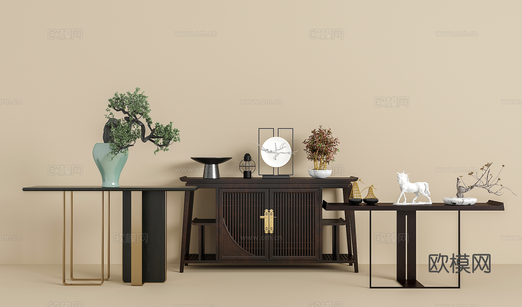 新中式端景边柜 玄关柜 挂画 绿植 饰品摆件3d模型