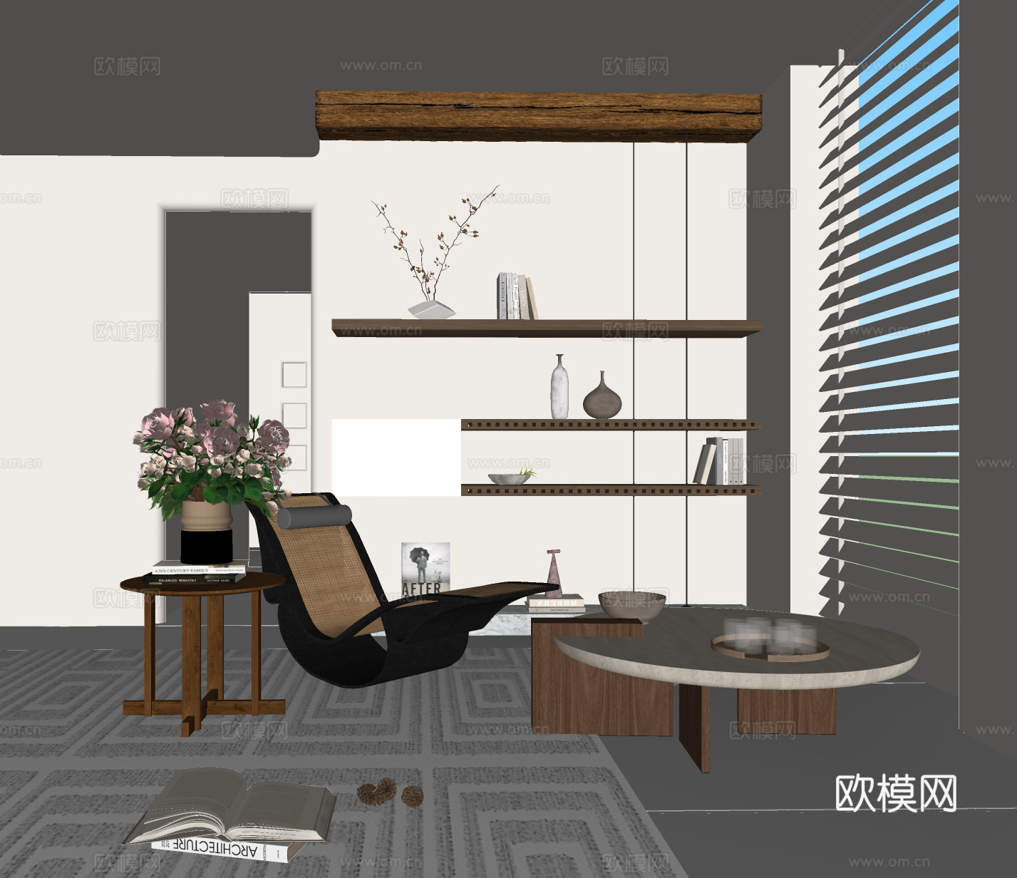 中古休闲椅 摇摇椅 铁艺书柜 花艺摆件su模型